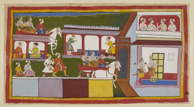 Add 15296 (1) f.85r, I principi nel loro carro attraversano la strada principale di Ayodhya, meravigliandosi del cambiamento nella città da quando l
