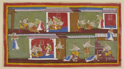 In alto a destra, Bharata e Shatrughna salutano Kaikeyi, che li prende in grembo, e conversano sugli avvenimenti recenti. Bharata sviene quando sente della morte del padre e di ciò che sua madre ha fatto per assicurarsi il trono da Indian School