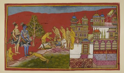 Add 15296 (2) f.24r, Fuori dal palazzo, Bali giace morente. Tara e il loro figlio Angada sono usciti dal palazzo per piangerlo, mentre Hanuman e gli altri scimmioni li confortano. Bali si riprende dal suo svenimento per dire a Sugriva che lascia il suo reg da Indian School