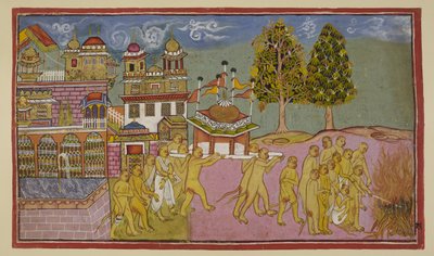 Il corpo di Bali, coperto di bianco, è portato in un palanchino a cupola e con bandiere dal palazzo e consumato in una pira funeraria, con Sugriva e Angada che guidano i riti funebri da Indian School