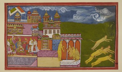 In questa illustrazione leggermente fuori luogo, Sugriva seduto sul suo trono, accetta una bevanda da un attendente, consigliato da Hanuman per placare l