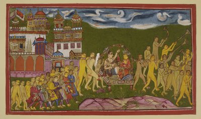 Sugriva e Laksmana sono trasportati in una lettiga dorata, portata da scimmie, da Kiskindha da Indian School