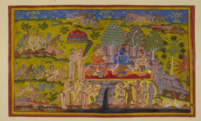 Add 15296 (2) f.57r, Mentre Sugriva sta ancora parlando delle sue avventure precedenti ai due fratelli, le scimmie inviate nei quartieri orientali, settentrionali e occidentali tornano e riferiscono che la loro ricerca è stata vana, non c