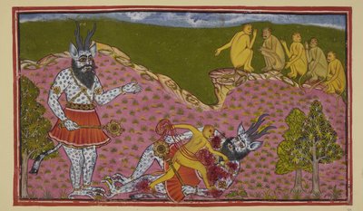 Le scimmie che andarono a sud, tra cui Hanuman e Angada, incontrano un enorme asura (demone), blu e squamoso, con corna e una mazza. Pensando che sia Ravana, Angada lo colpisce a terra e lo sventra, mentre le altre scimmie guardano da Indian School