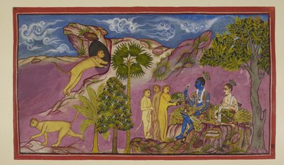 Sugriva racconta a Rama di aver visto Sita essere portata in alto su un carro da Ravana, lottando e chiamando i nomi di Rama e Laksmana. Vedendolo sotto, lei lasciò cadere i suoi gioielli e un indumento superiore. Sugriva corre in una caverna da Indian School