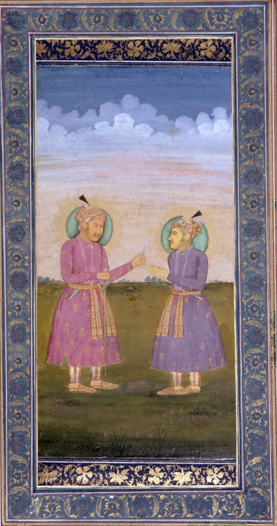 Akbar consegna una piuma gioiello a suo figlio Jahangir da Indian School