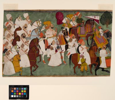 Akhi Singh cavalca con il suo seguito, c.1750 da Indian School