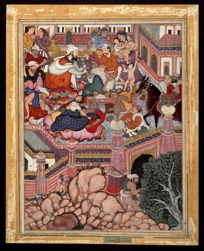 Amr, travestito da Mazmahil il chirurgo, pratica ciarlataneria sui maghi di Antali, ca. 1570 da Indian School