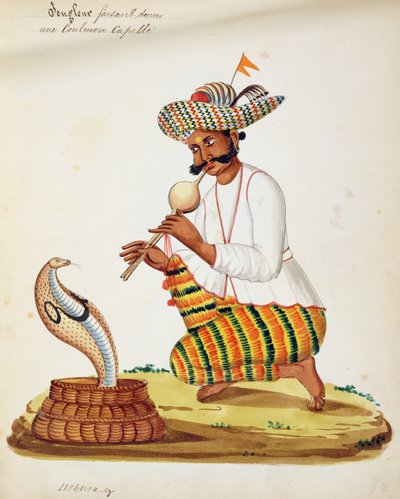 Un incantatore di serpenti indiano con un cobra, da un album francese di disegni da Indian School