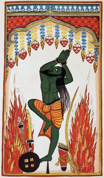 Aradjama, pregando e facendo penitenza per ottenere le armi che lo renderanno invincibile, litografia XVIII secolo da Indian School