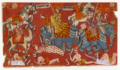 Scena di battaglia da una serie Bhagavata Purana, c.1625-50 (acquerello e oro su carta) da Indian School