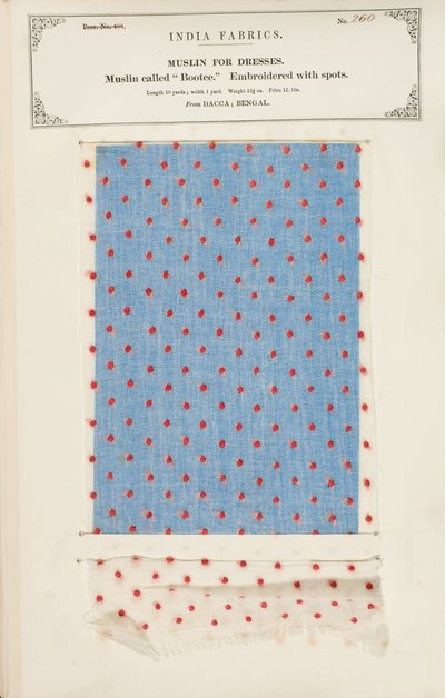 Campione di mussola Bootee ricamata con punti da Dacca in Bengal, da The Collection of the Textile Manufacturers of India, di John Forbes Watson, pubblicato nel 1866 da Indian School