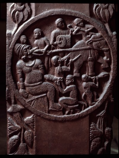 Buddismo: "Scimmie catturano un elefante e lo trascinano per estrarre il dente del gigante" (dettaglio) stupa di Bharhut (Barhut, Barouth) Bassorilievo di pietra nera, II secolo a.C. - Calcutta, Museo Indiano da Indian School