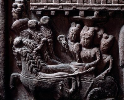Buddhismo: "Ultima visita di Prasenjit a Buddha" dettaglio dello stupa di Bharhut. Basso rilievo in pietra nera, 2° secolo a.C. - Kolkata, Museo Indiano da Indian School