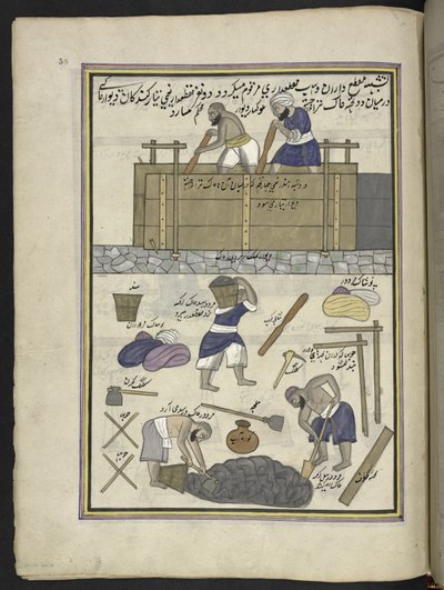 Costruttore di muri di fango, 86 disegni rilegati in un volume che raffigura mestieri e occupazioni in Kashmir, artigiani al lavoro con i loro strumenti e attrezzature, da un artista del Kashmir, probabilmente a Srinagar, c.1850-60 da Indian School