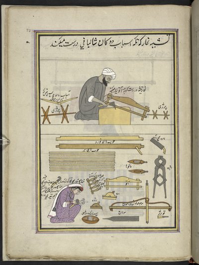 Falegname e moglie che fanno un telaio per scialli, 86 disegni rilegati in un volume che raffigurano mestieri e occupazioni in Kashmir, Artigiani al lavoro con i loro strumenti e attrezzature, Di un artista del Kashmir, probabilmente a Srinagar, c.1850-60 da Indian School