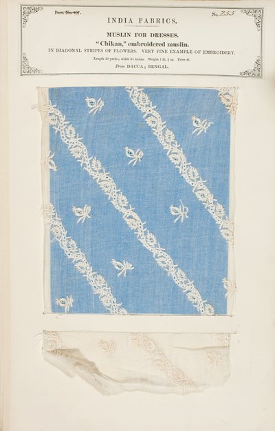 Campione di mussola ricamata Chikan da Dacca in Bengal, da The Collection of the Textile Manufacturers of India, di John Forbes Watson, pubblicato nel 1866 da Indian School
