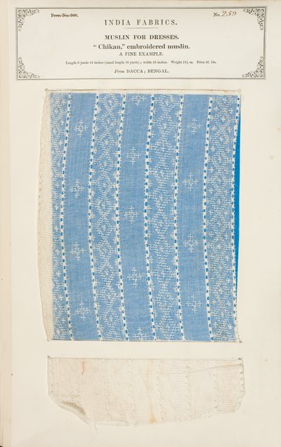 Campione di mussola ricamata Chikan da Dacca in Bengal, da The Collection of the Textile Manufacturers of India, di John Forbes Watson, pubblicato nel 1866 da Indian School