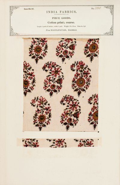 Campione di stampa in cotone grezzo da Masulipatam in Madras, da The Collection of the Textile Manufacturers of India, di John Forbes Watson, pubblicato nel 1866 da Indian School