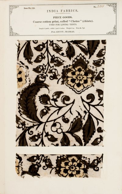 Campione di cotone grezzo con motivo chetee (chintz) da Arcot in Madras, da The Collection of the Textile Manufacturers of India, di John Forbes Watson, pubblicato nel 1866 da Indian School