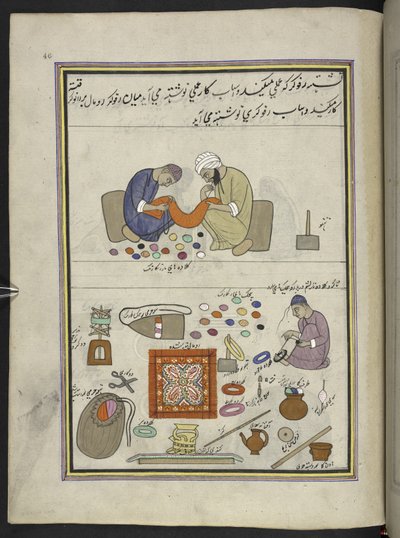 Ricamatori grossolani; lavoratore con ago, per unire pezzi di scialle, avvolgendo il filo in una palla, 86 disegni rilegati in un volume che raffigura mestieri e occupazioni in Kashmir, Artigiani al lavoro con i loro strumenti e attrezzature, da un artista da Indian School