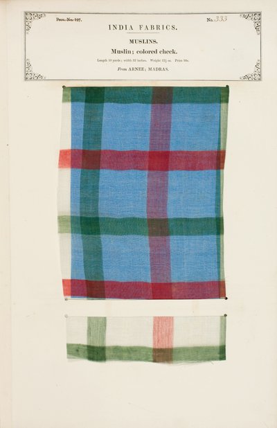 Campione di mussola a quadri colorati da Arnee in Madras, da The Collection of the Textile Manufacturers of India, di John Forbes Watson, pubblicato nel 1866 da Indian School
