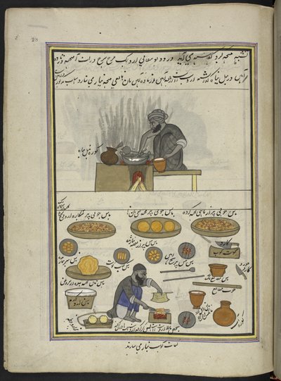 Produttori di cibo cotto e kawab, 86 disegni rilegati in un volume che raffigura mestieri e occupazioni in Kashmir, artigiani al lavoro con i loro strumenti e attrezzature, da un artista del Kashmir, probabilmente a Srinagar, c.1850-60 da Indian School