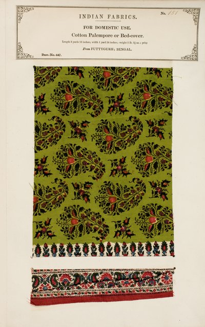 Campione di palempore o copriletto in cotone da Futtygurgh in Bengal, da The Collection of the Textile Manufacturers of India, di John Forbes Watson, pubblicato nel 1866 da Indian School