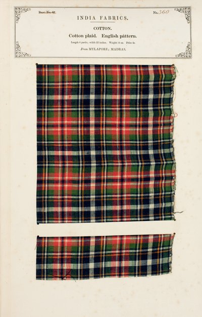 Campione di plaid in cotone da Mylapore in Madras, da The Collection of the Textile Manufacturers of India, di John Forbes Watson, pubblicato nel 1866 da Indian School