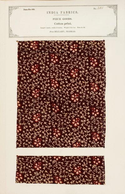 Campione di stampa in cotone da Bellary in Madras, da The Collection of the Textile Manufacturers of India, di John Forbes Watson, pubblicato nel 1866 da Indian School