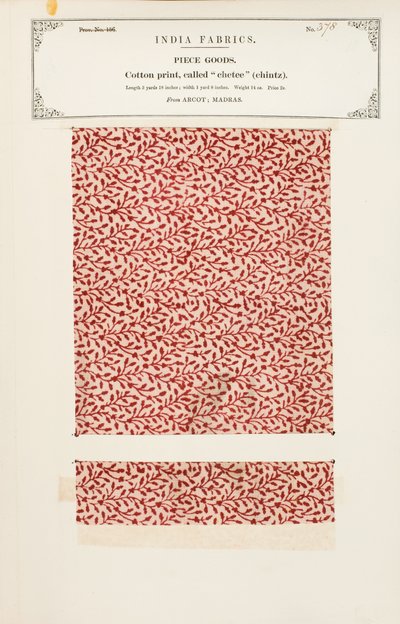 Campione di cotone con stampa chetee (chintz) da Arcot in Madras, da The Collection of the Textile Manufacturers of India, di John Forbes Watson, pubblicato nel 1866 da Indian School