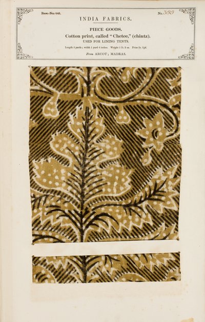 Campione di cotone con stampa chetee (chintz) da Arcot in Madras, da The Collection of the Textile Manufacturers of India, di John Forbes Watson, pubblicato nel 1866 da Indian School