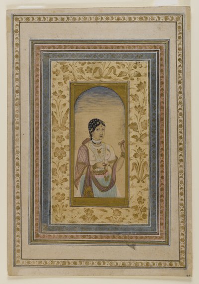 Cortigiana alla finestra, XVIII secolo (acquerelli, oro e inchiostro su carta) da Indian School