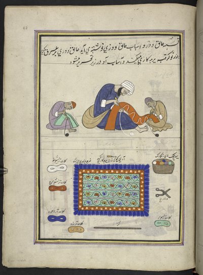 Artigiani che ricamano tappeti di feltro (namda), 86 disegni rilegati in un volume che raffigura mestieri e occupazioni in Kashmir, Artigiani al lavoro con i loro strumenti e attrezzature, da un artista del Kashmir, probabilmente a Srinagar, c.1850-60 da Indian School