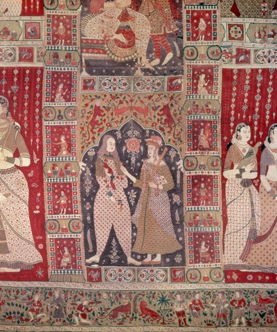 (dettaglio) di un arazzo decorato con figure europee da Indian School