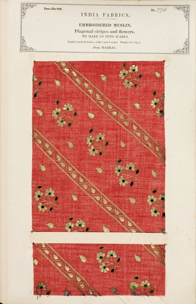 Campione di mussola ricamata da Madras, da The Collection of the Textile Manufacturers of India, di John Forbes Watson, pubblicato nel 1866 da Indian School