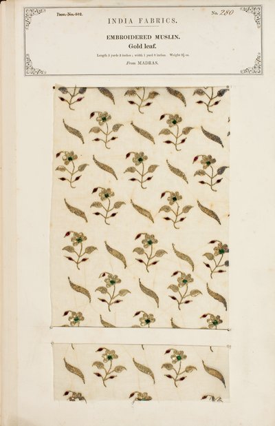 Campione di mussola ricamata da Madras, da The Collection of the Textile Manufacturers of India, di John Forbes Watson, pubblicato nel 1866 da Indian School
