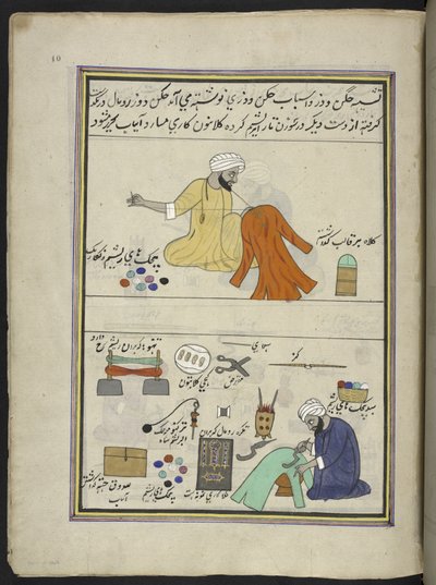 Ricamatore e goffratore, 86 disegni rilegati in un volume che raffigura mestieri e occupazioni in Kashmir, Artigiani mostrati al lavoro con i loro strumenti e attrezzature, di un artista del Kashmir, probabilmente a Srinagar, c.1850-60 da Indian School