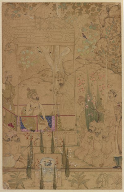 Imperatore Babur con attendenti in un giardino, c.1590 da Indian School