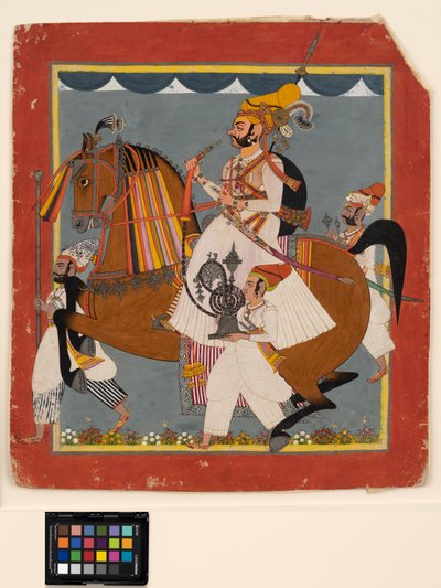 Raja Bhim Singh a cavallo con narghilè e servitori da Indian School