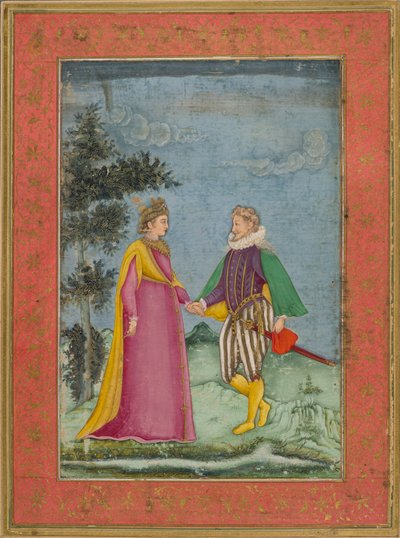 Gentiluomo e dama europei, vestiti in costume elisabettiano, illustrazione da 