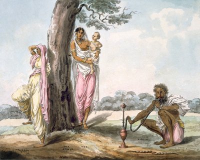 Famiglia: Uomo che fuma un narghilè e ragazza che fa yoga, c.1850 da Indian School