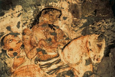 Figura di una donna sul dorso di un cavallo, dipinto murale nelle grotte di Ajanta (numero 1), periodo Gupta, V-VI secolo (dipinto) da Indian School