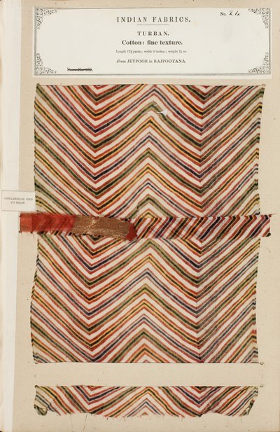 Campione di turbante in cotone fine da Jeypoor in Rajpootana, da The Collection of the Textile Manufacturers of India, di John Forbes Watson, pubblicato nel 1866 da Indian School