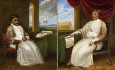 Ritratto a figura intera del maestro costruttore Parsi Jamsetjee Bomanjee e suo figlio, Nourojee Jamsetsee da Indian School