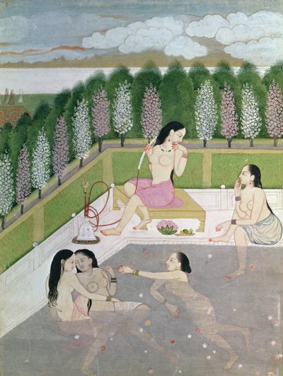 Ragazze che fanno il bagno, stile Pahari, scuola di Kangra, Himachel Pradesh, XVIII secolo da Indian School