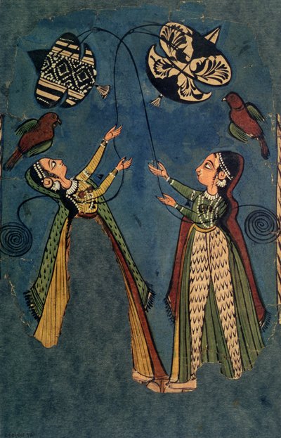 Ragazze che fanno volare aquiloni, pittura popolare di Kulu, Himachal Pradesh da Indian School