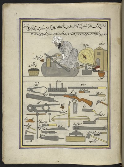 Fabbro, 86 disegni rilegati in un volume che raffigurano mestieri e occupazioni in Kashmir, artigiani al lavoro con i loro strumenti e attrezzature, di un artista del Kashmir, probabilmente a Srinagar, c.1850-60 da Indian School