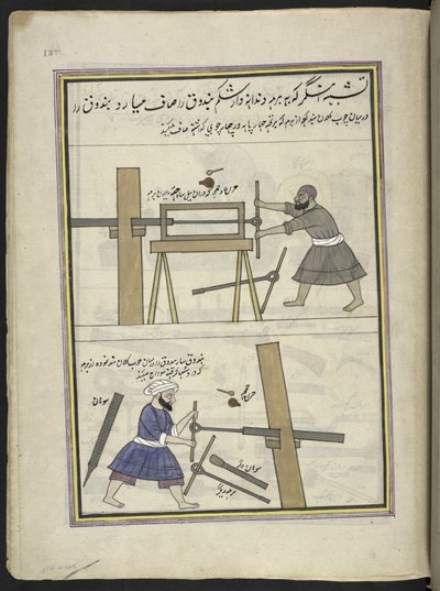 Fabbri che forano una canna di fucile, 86 disegni rilegati in un volume che raffigurano mestieri e occupazioni in Kashmir, Artigiani al lavoro con i loro strumenti e attrezzature, Di un artista del Kashmir, probabilmente a Srinagar, c.1850-60 da Indian School