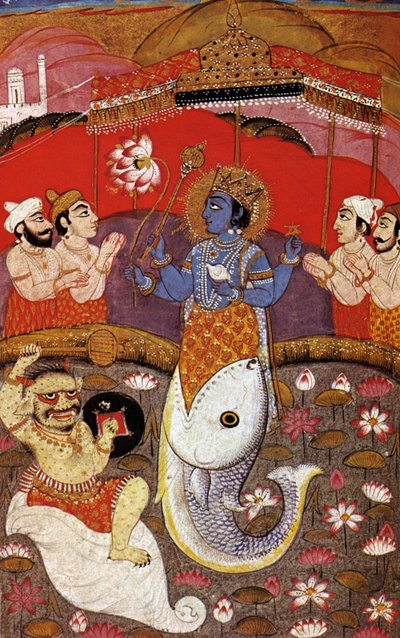 Induismo: Vishnu, seconda divinità della trinità induista, XX secolo (stampa) da Indian School